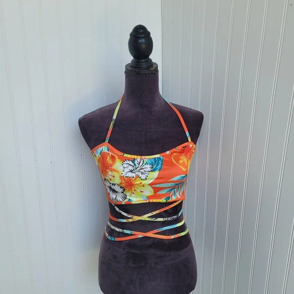 NWT SHEIN SXY Tie Backless Crisscross Hem Halter Top Tropical Orange Floral Sz L - Picture 1 of 13